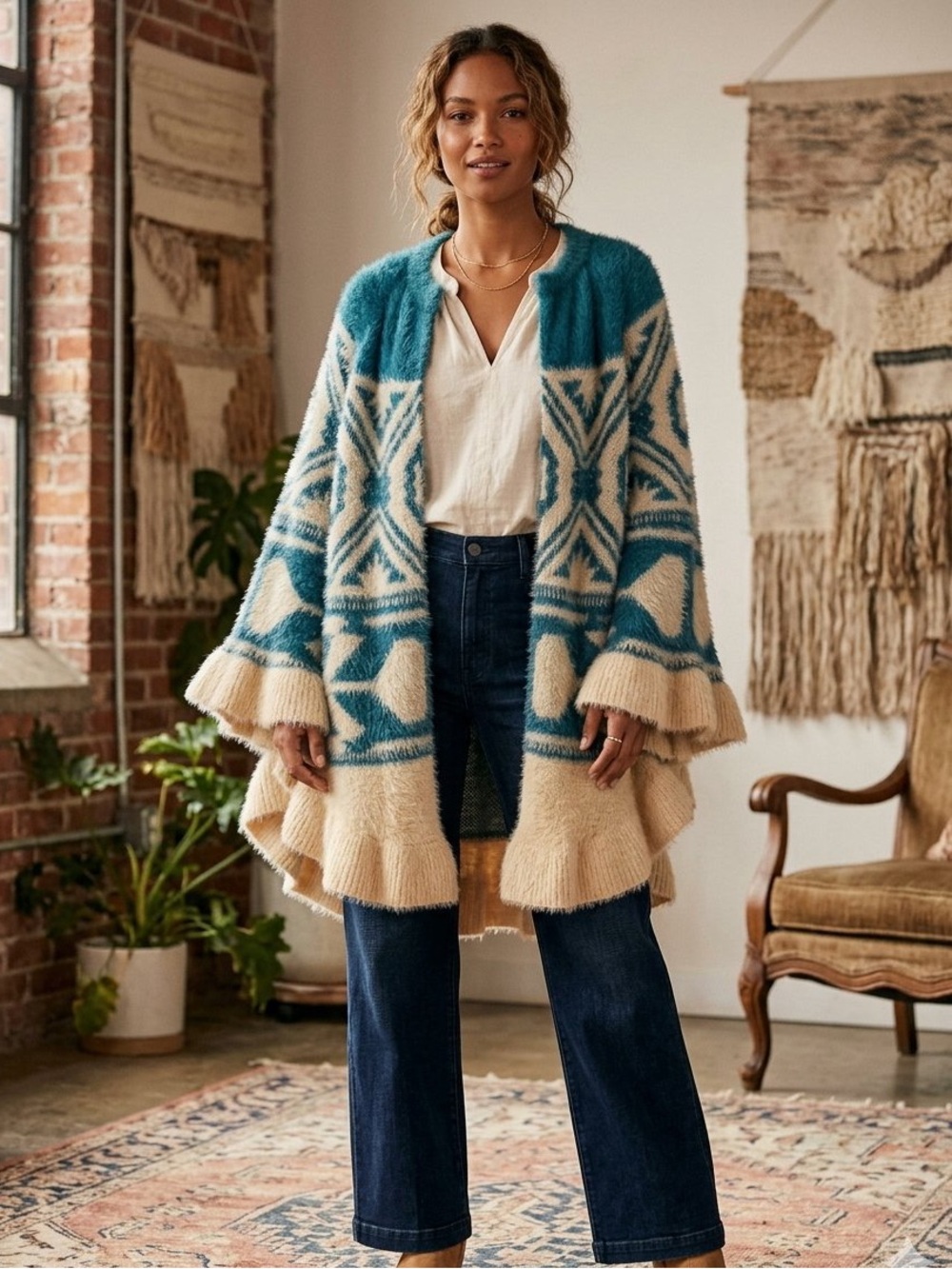 Cobble Lane | Teal & Cream Geometric Fuzzy Open Cardigan w/clasp Sz L
